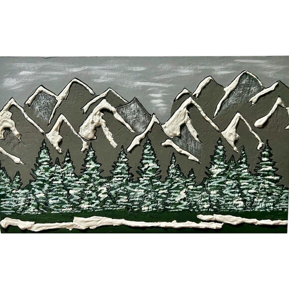 Christmas Village Display Mountain Backdrop w Trees 18" x 11" x 1" Hand Painted - Picture 1 of 5